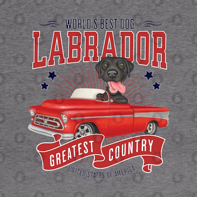 classic truck with red white and blue Black Labrador Retriever in Red Truck by Danny Gordon Art